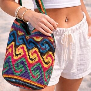 Crochet Knit Shoulder Bag Multicolor Boho Y2K Hippie Festival Purse Handmade
